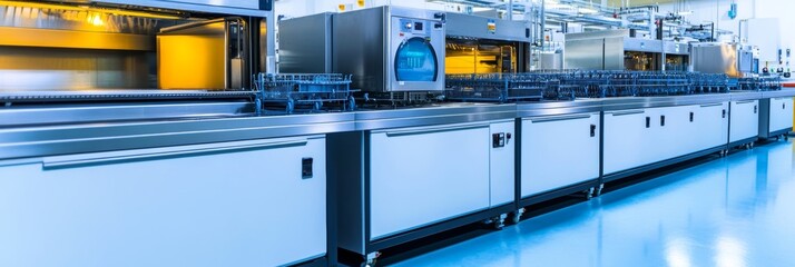Modern commercial kitchen with professional dishwashing equipment clean lines and a blurred background perfect for showcasing food service industry technology