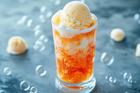 Tall glass of orange soda with vanilla ice cream float on gray table. Use in menu design or blog post on refreshing summer treats.