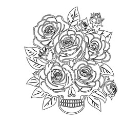 Skull with Roses Outline Art Design Illustration