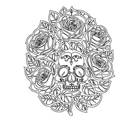 Floral Skull Intricate Outline, Detailed Drawing