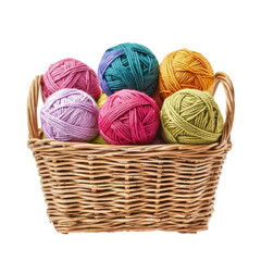 Yarn balls in basket isolated on PNG transparent background, cut out