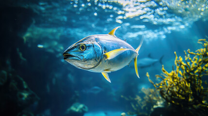 Naklejka premium fish swims gracefully in vibrant underwater scene, surrounded by coral and illuminated by sunlight