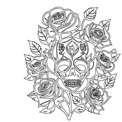 Floral Skull Outline with Rose Blossoms Design