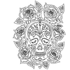 Ornamental Skull Surrounded with Roses Illustration