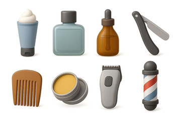 Classic barber shop icons set: 3d style grooming tools and accessories collection
