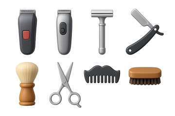 Barber shop essentials icon set: 3d grooming tools and accessories