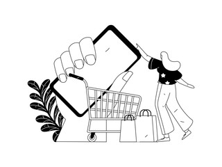 Holiday shopping people doing e-commerce online shopping flat vector concept operation hand drawn illustration
