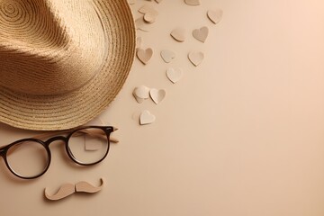 A stylish hat, eyeglasses, and a whimsical mustache create a charming Father's Day concept on a simple, warm background. This image tells a story of fatherhood, warmth, and celebration.