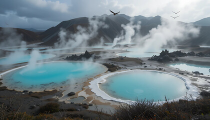 Kamchatka Thermal Springs – Steam rises from turquoise pools scattered across volcanic slopes, surrounded by wild tundra and circling hawks.