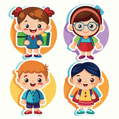 Four cartoon children ready for school