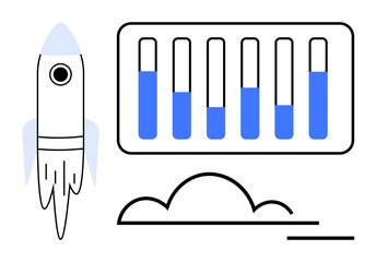 Rocket launching alongside a panel of six progress bars with varied levels. Ideal for startup growth, innovation, success tracking, futuristic concepts, science, productivity, and a simple landing