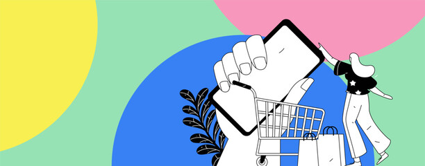 Holiday shopping people doing e-commerce online shopping flat vector concept operation hand drawn illustration
