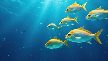 Naklejka premium A school of fish swimming in harmony against a bright blue background, underwater, sea life