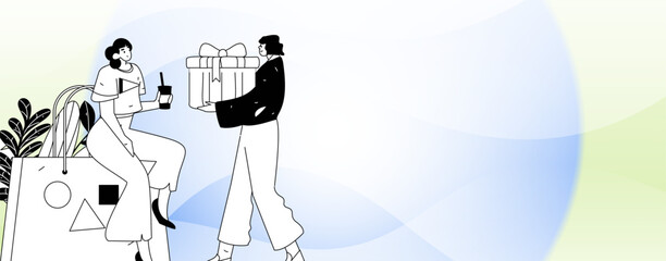 Holiday shopping people doing e-commerce online shopping flat vector concept operation hand drawn illustration
