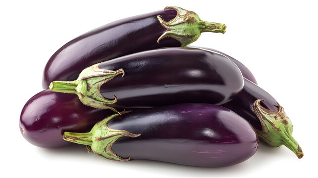 Fresh five eggplants isolated on white background for culinary design projects