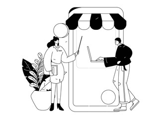 Holiday shopping people doing e-commerce online shopping flat vector concept operation hand drawn illustration
