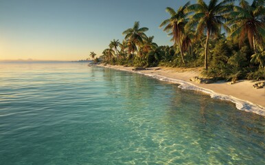 Serene sunrise over a tropical beach with palm trees and crystal-clear turquoise water. The perfect idyllic escape.
