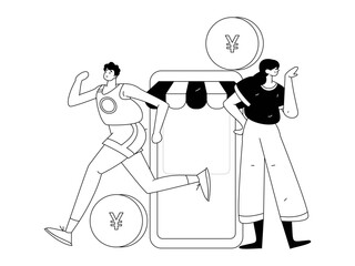 Holiday shopping people doing e-commerce online shopping flat vector concept operation hand drawn illustration
