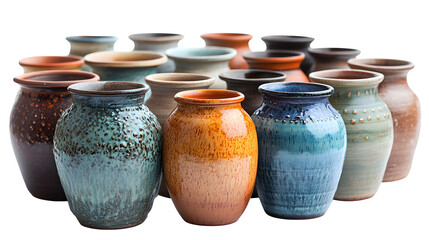 handcrafted pottery pieces isolated on white background, high-definition, realistic look