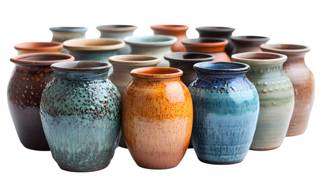 handcrafted pottery pieces isolated on white background, high-definition, realistic look