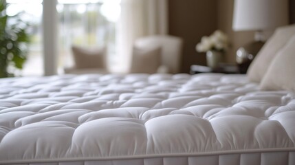 Fototapeta premium Close-up of a white mattress, comfortable and soft, in a bedroom with a blurred background of a living room area.