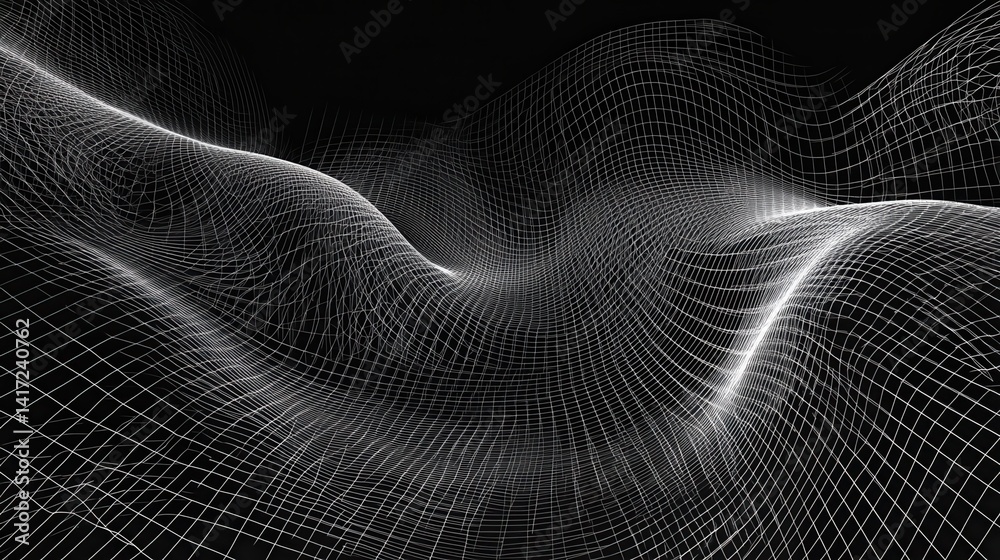 Poster geometric wireframe grid with dynamic gradients and intersecting lines, evoking a futuristic and abs