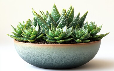 A group of green succulent plants with white spots are growing in a brown and green ceramic bowl on a white background.