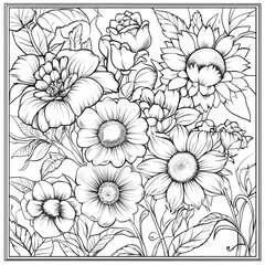 Floral bouquet line art; coloring page; nature background; decorative design