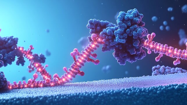 Molecular depiction of RNA splicing glowing sequences set against a gradient blue background
