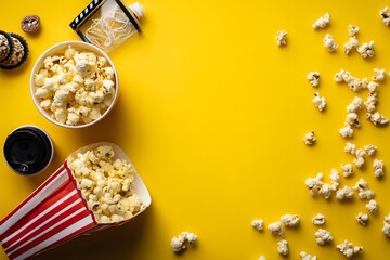 A vibrant, overhead view of classic movie treats arranged on a striking yellow backdrop. A perfect visual for film and entertainment themes.