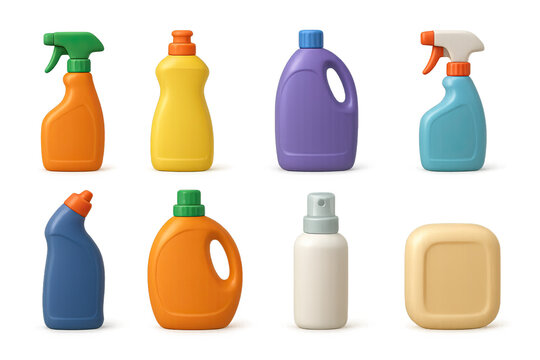 3d cleaning product icons set: spray, detergent, liquid, soap, bottle varieties