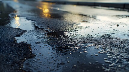 Urban scene of wet asphalt in a hypermarket parking lot. Cityscape with rainy weather