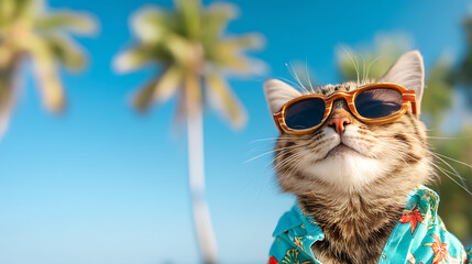 Cute cat wearing a Hawaiian shirt and sunglasses relaxing on a tropical beach with palm trees and clear blue skies enjoying a summer vacation. Funny meme with copy space and banner 10042025Shitax