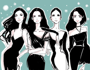 Fashion Illustration of Four Trendy Women