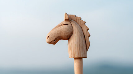 Wooden horse head sculpture on a stick representing traditional hobby horse toy design with detailed carving. Concept of childhood nostalgia creative play and artisan craftsmanship. Hobby horse