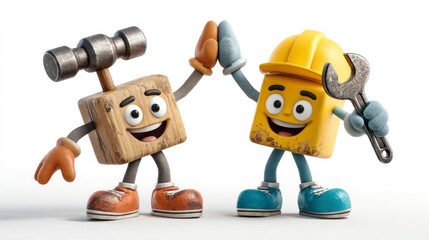 Fototapeta premium Cartoon Hammer and Wrench Characters Giving High Five