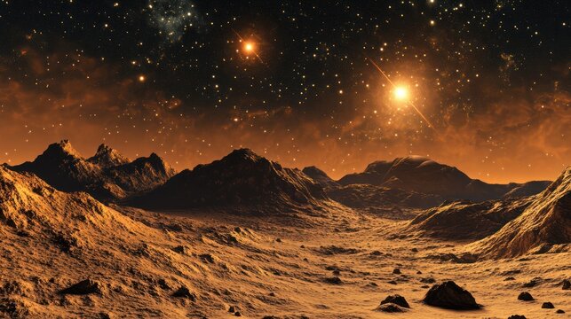 Enigmatic celestial vista showcasing a barren alien terrain under a starry sky
