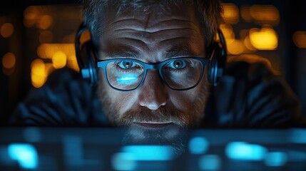 Focused technician analyzing data on a computer screen in a dimly lit server room