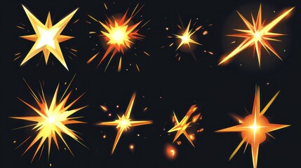 Fototapeta premium Set of nine gold starburst explosion effects on a dark background.