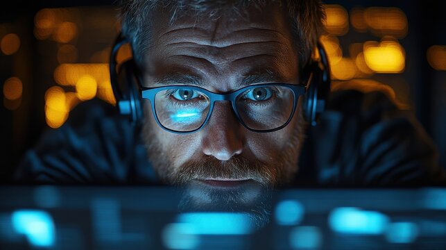 Focused technician analyzing data on a computer screen in a dimly lit server room