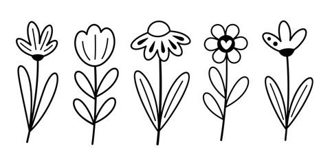 Black and white flower power clipart set, cute spring, summer floral vector illustration in flat style	