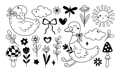 Black and white set with silly goose, flowers, butterfly, mushroom, sun, cloud. Silly goose on the loose doodle. Spring clipart, hand drawn vector illustration in flat style.