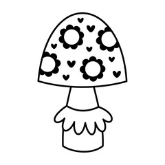 Retro groovy mushroom doodle, black and white isolated cartoon seasonal object. Autumn vector illustration