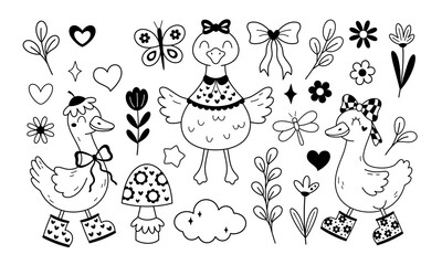 Black and white set with silly goose, flowers, butterfly, mushroom. Silly goose on the loose doodle. Spring clipart, hand drawn vector illustration in flat style.   © JulzaArt