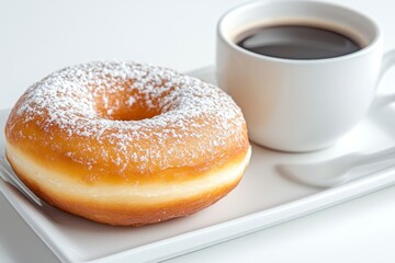 A golden-brown classic donut with acup of cafe. Generative AI