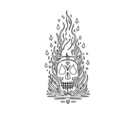 Line Art Skull Surrounded by Flames Vector Art