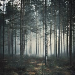 Misty forest path in a tranquil pinewood.