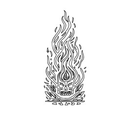 Skull Engulfed in Flames Black and White Vector