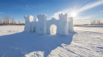 Snowy castle art: majestic ice structure in winter wonderland bright sun and blue sky perfect for holiday cards and backgrounds 