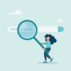 Character using magnifying glass to discover website. Researching 2025 trends, vision of new business or career opportunity. Vector illustration.	
